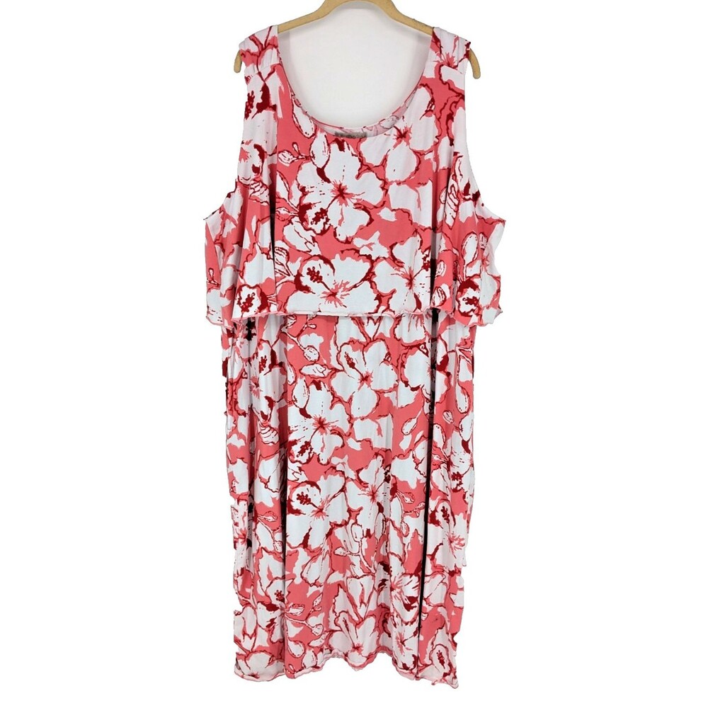 WOMAN WITHIN Maxi Dress SZ 3X 30/32 White Pink Red Abstract Cotton Blend Boho